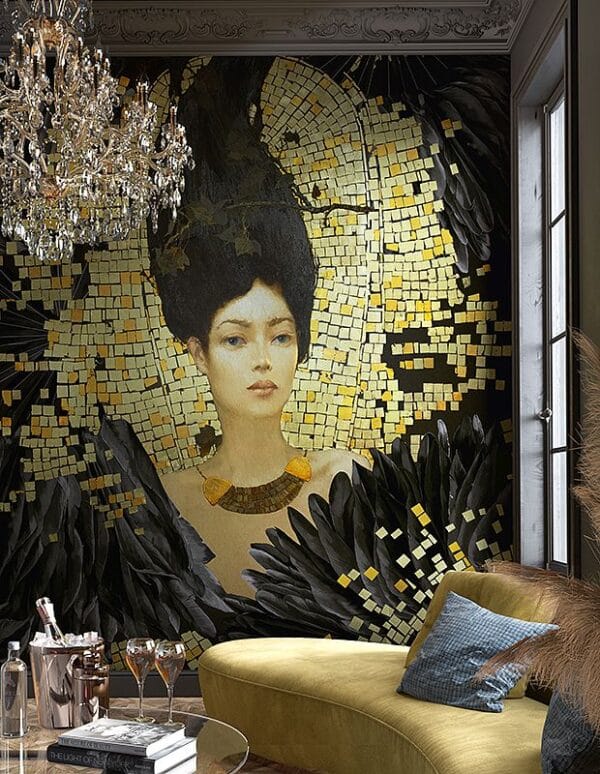 Tapeta czarna ze złotą postacią kobiety ze złotych elementów tak jak mozaika