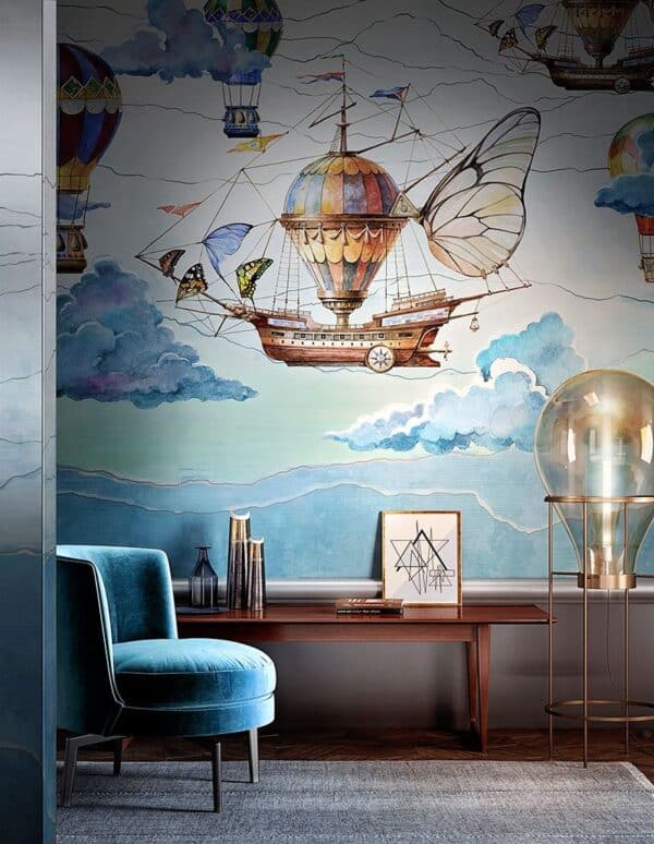 tapeta błękitna do pokoju dzięciecgo statek płynący z balonem na skrzydłach motyla tapety retro onirystyczne motywy z dziecięcych bajek