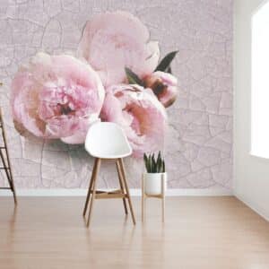 tapeta na ścianę do salonu, do SPA, różowe duże kwiaty, tapeta przestrzenna geometryczna kwiecista
