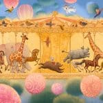zwierzęta z zoo tańczące na karuzeli w wesołym miasteczku tapeta kolorowa do pokoju dziewczynki lub chłopca