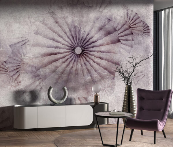 Trójwymiarowa tapeta w kwiaty dmuchawce abstrakcyjna szara z lekko fioletowymi kwiatami dużymi